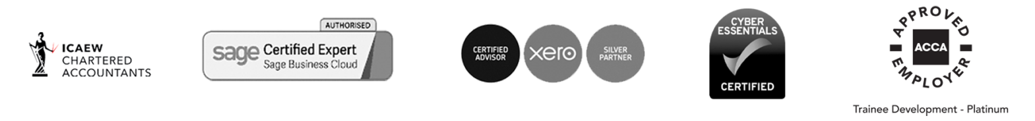 ICAEW Chartered Accountants, Sage Certified Expert, Xero Silver Partner, Cyber Essentials Certified and ACCA Approved Employer accreditation logos